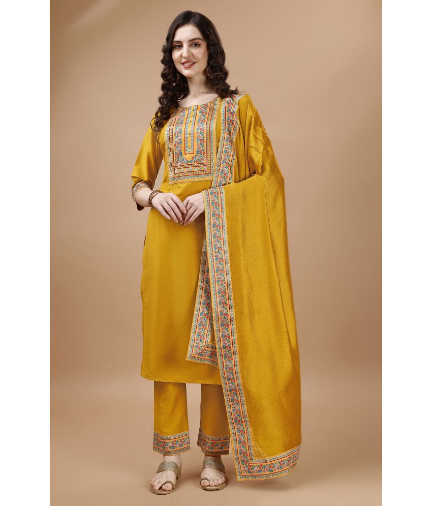     			MOJILAA Silk Printed Kurti With Pants Women's Stitched Salwar Suit - Mustard ( Pack of 1 )