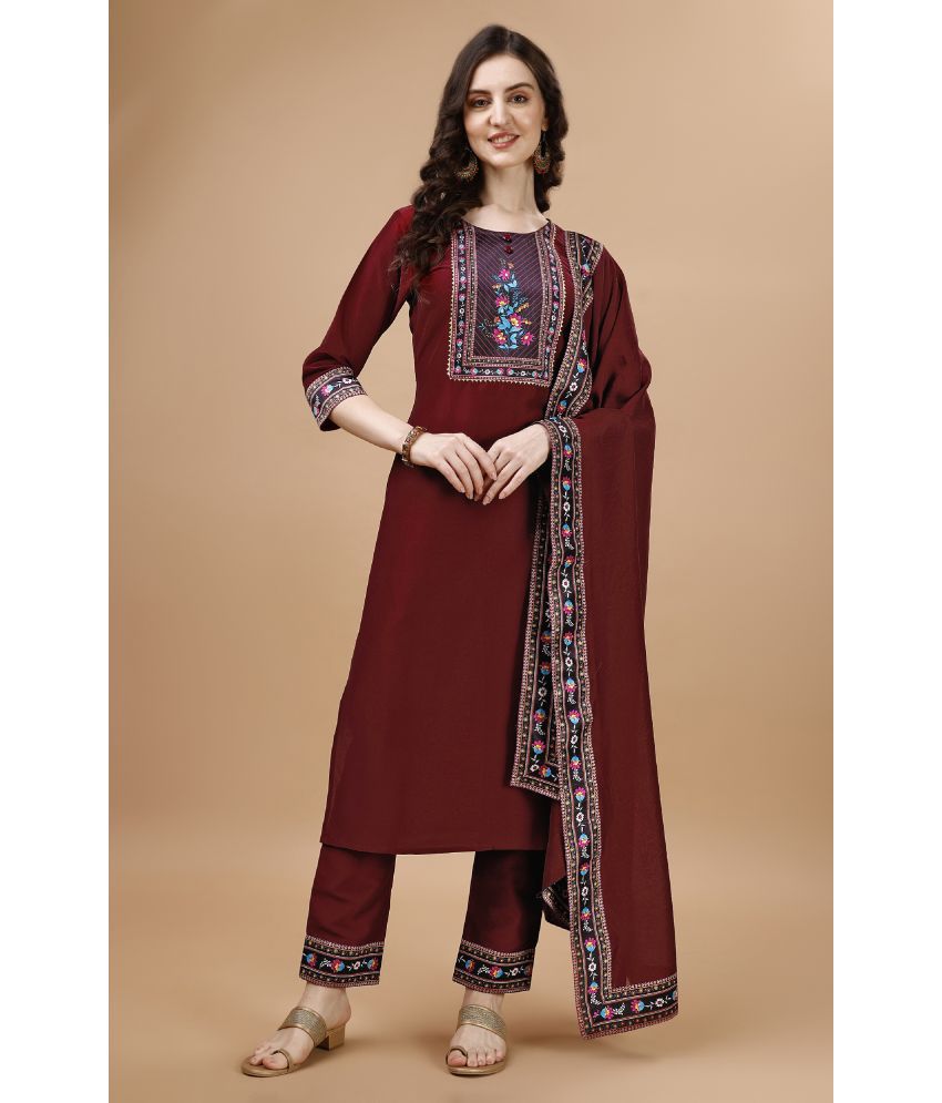     			MOJILAA Silk Printed Kurti With Pants Women's Stitched Salwar Suit - Maroon ( Pack of 1 )