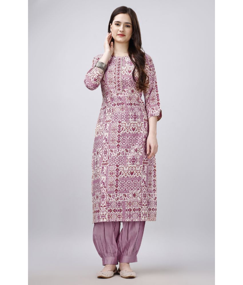     			MOJILAA Viscose Printed Kurti With Salwar Women's Stitched Salwar Suit - Mauve ( Pack of 1 )