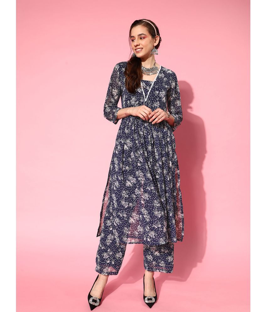     			Varanga Georgette Printed Kurti With Pants Women's Stitched Salwar Suit - Navy Blue ( Pack of 1 )