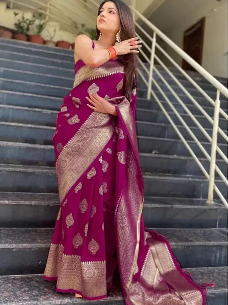 NENCY FASHION Women's Banarasi Silk Zari Woven Work Jacquard Saree With  Embellished Blouse Piece