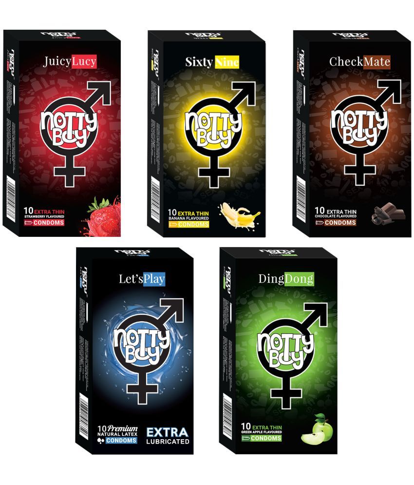     			NottyBoy Assorted Pack Extra Lubricated, Strawberry, Banana, Chocolate and Fruit Flavour Condoms - 50 Units