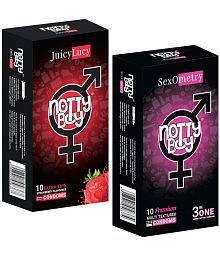 NottyBoy 3 in One Ribbed Dotted Contour and Strawberry Flavoured Condom - 20 Units