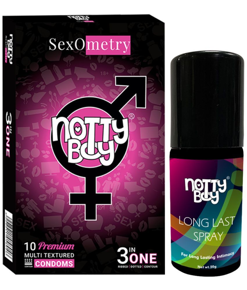     			NottyBoy  Long Last Delay Spray For Men 20g, 3in1 Ribbed Dotted Contoured Condoms - Pack of 1