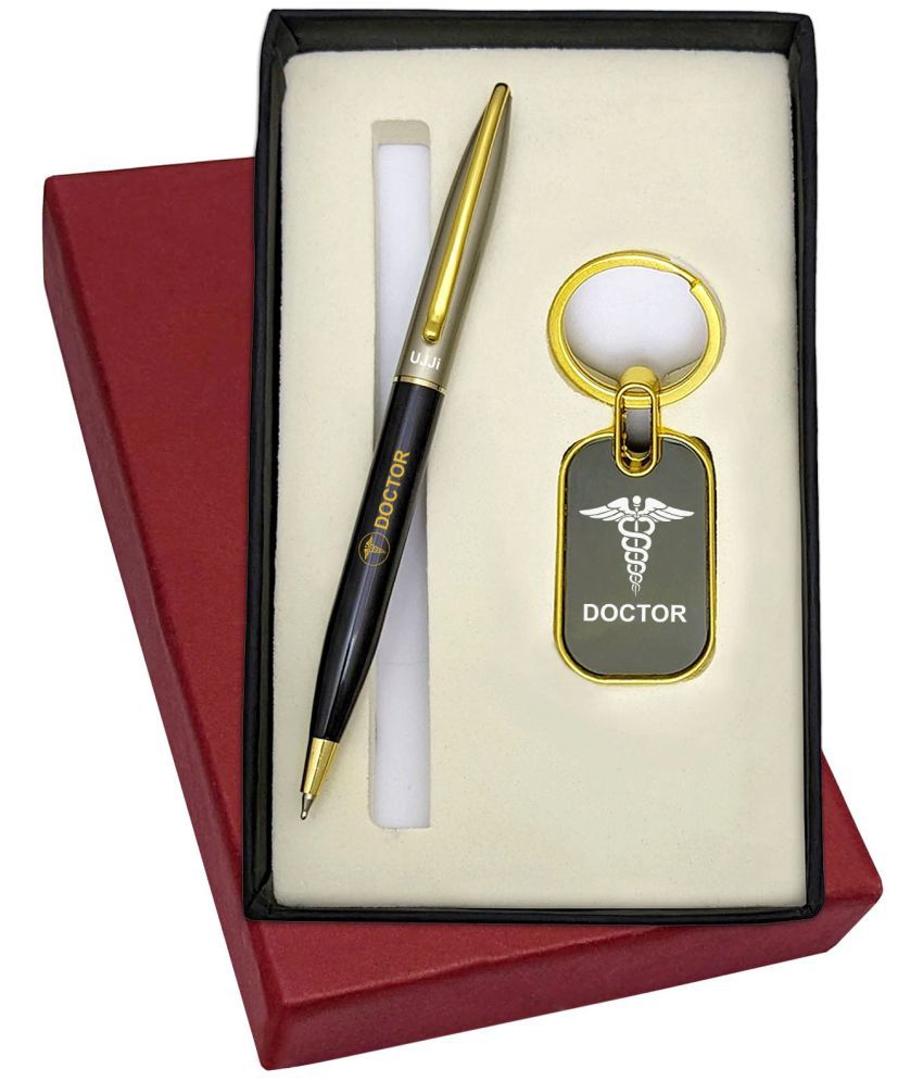     			UJJi 2in1 Doctor Logo Set with Half Black Body Golden Part Ball Pen & Keychain