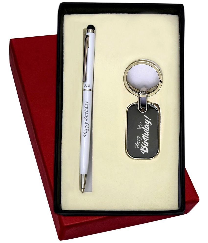     			UJJi 2in1 Happy Birthday Engraved White Slim Design Pen and Keychain