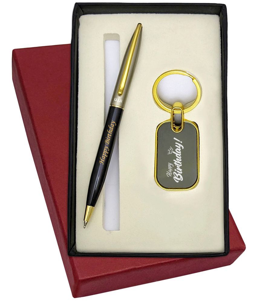     			UJJi 2in1 Happy Birthday Pen Set with Half Black Body Golden Part Ball Pen & Keychain
