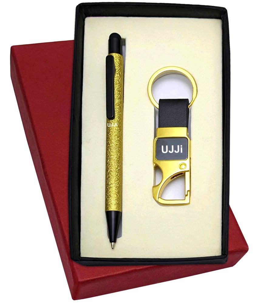     			UJJi 2in1 Set in Golden Texured Design Pen with Stylus and Hook Keychain