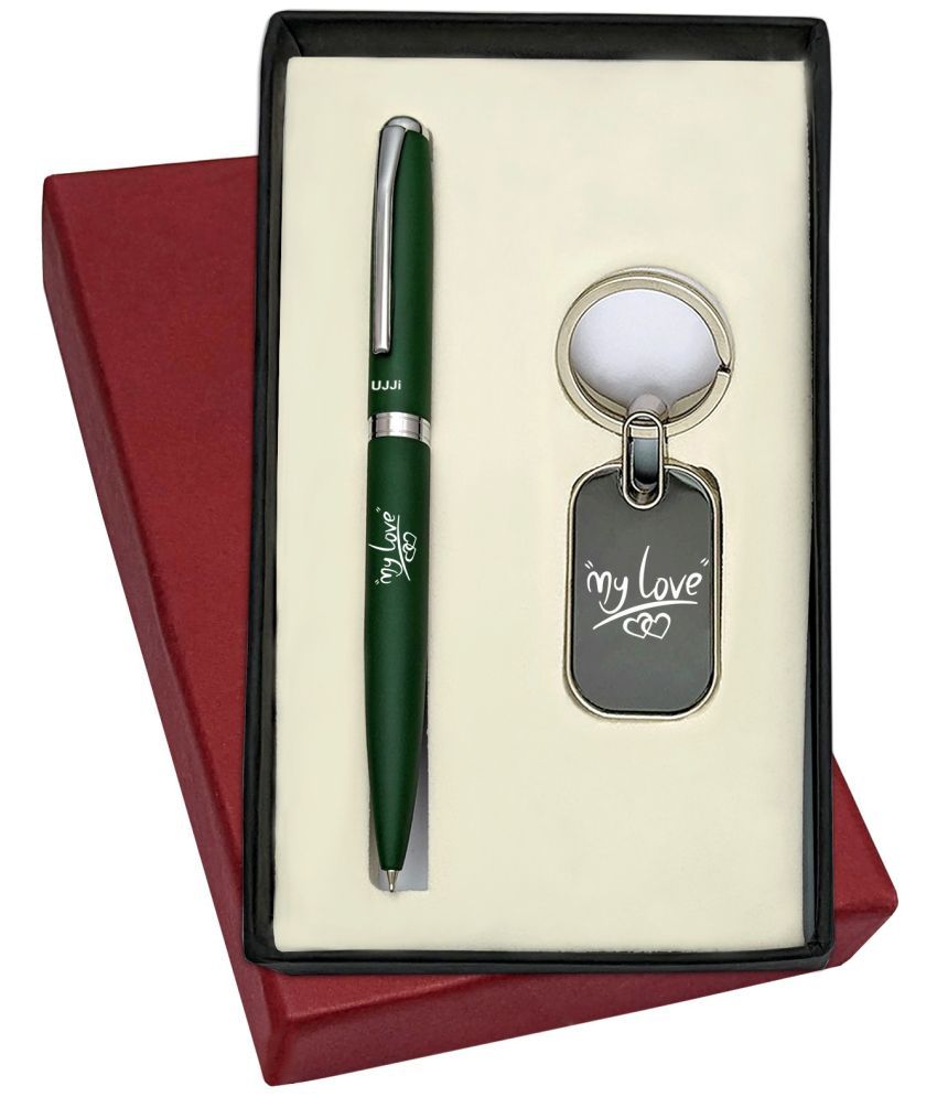     			UJJi 2in1 set with My Love Engraved Matte Finish Green Body Ballpen and Keychain