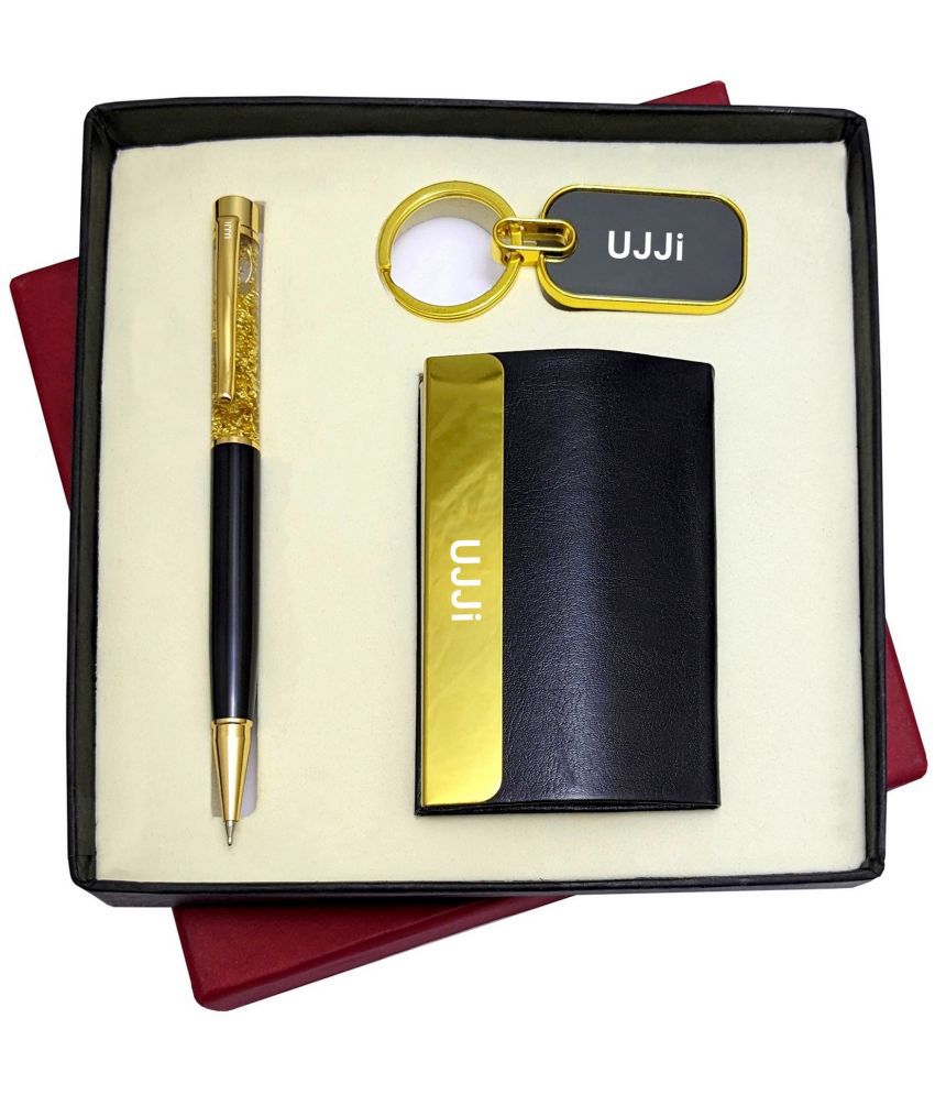     			UJJi 3in1 Combo Set with Golden Gel Shiny Ball Pen, Keychain and ATM Card Holder