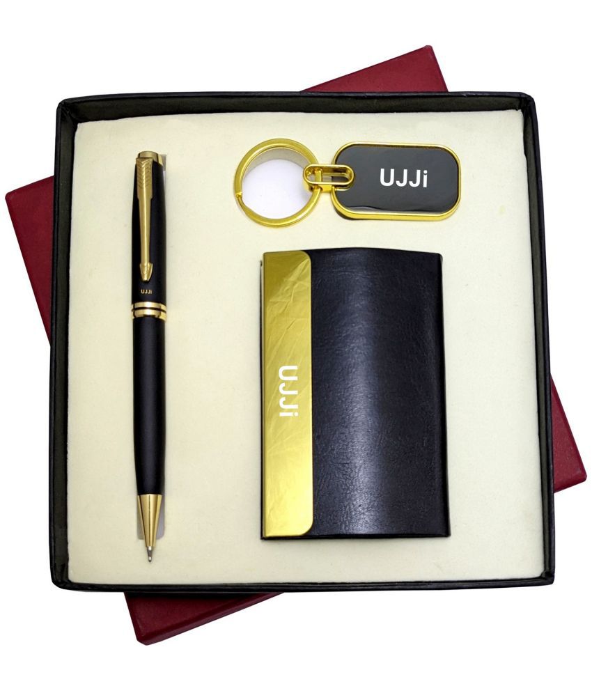     			UJJi 3in1 Set with Black  Golden Part Twist  Metal Pen, Keychain and ATM Card Holder