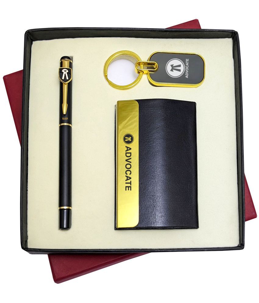     			UJJi Advocate Gifts 3in1 Golden Part Black Body Pen, Keychain and ATM Card Holder