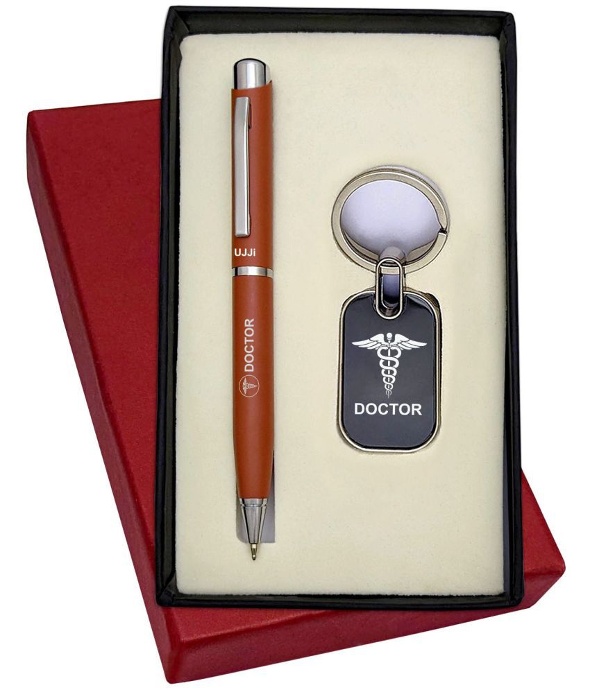     			UJJi Doctor Logo Engraved Tan Color Metal Ball Pen & Keyring Combo