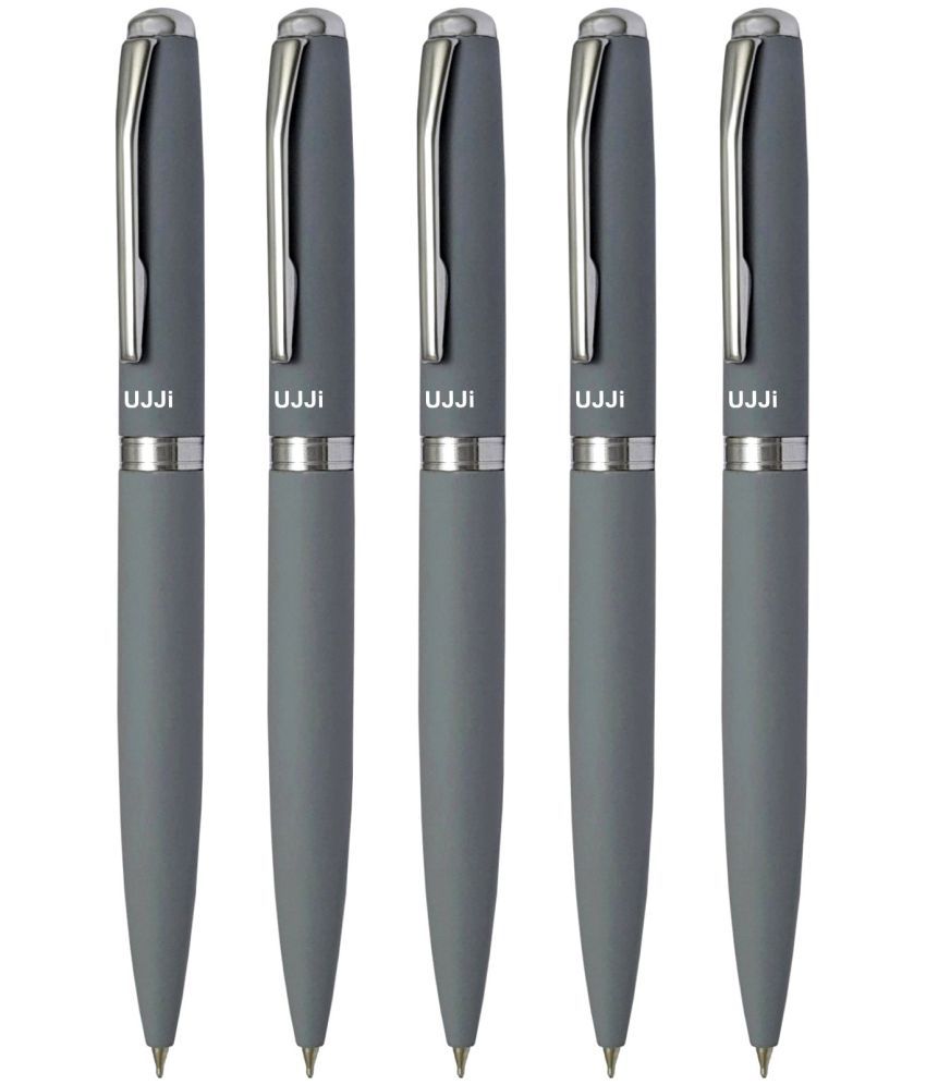     			UJJi Grey Color Matte Finish Body Pack of 5 Twist Mechanism (Blue Ink) Metal Ball Pen