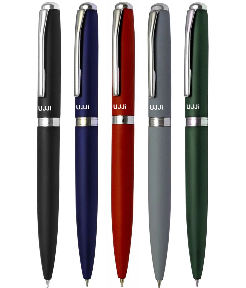     			UJJi Mix 5 Color Matte Finish Body Pack of 5 Twist Mechanism (Blue Ink) Metal Ball Pen