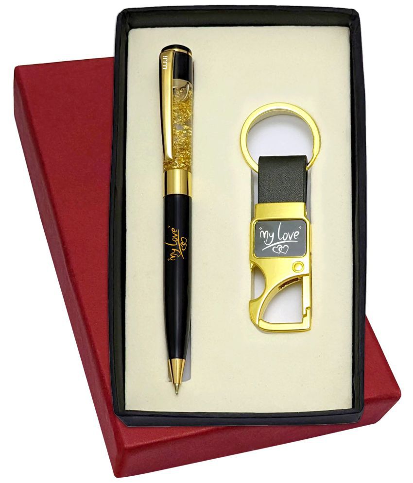     			UJJi My Love Printed Golden Gel Filled Brass Body Ball Pen & Leather Strap Keychain