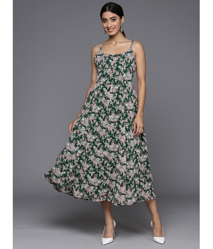     			Varanga Georgette Printed Midi Women's Asymmetric Dress - Green ( Pack of 1 )