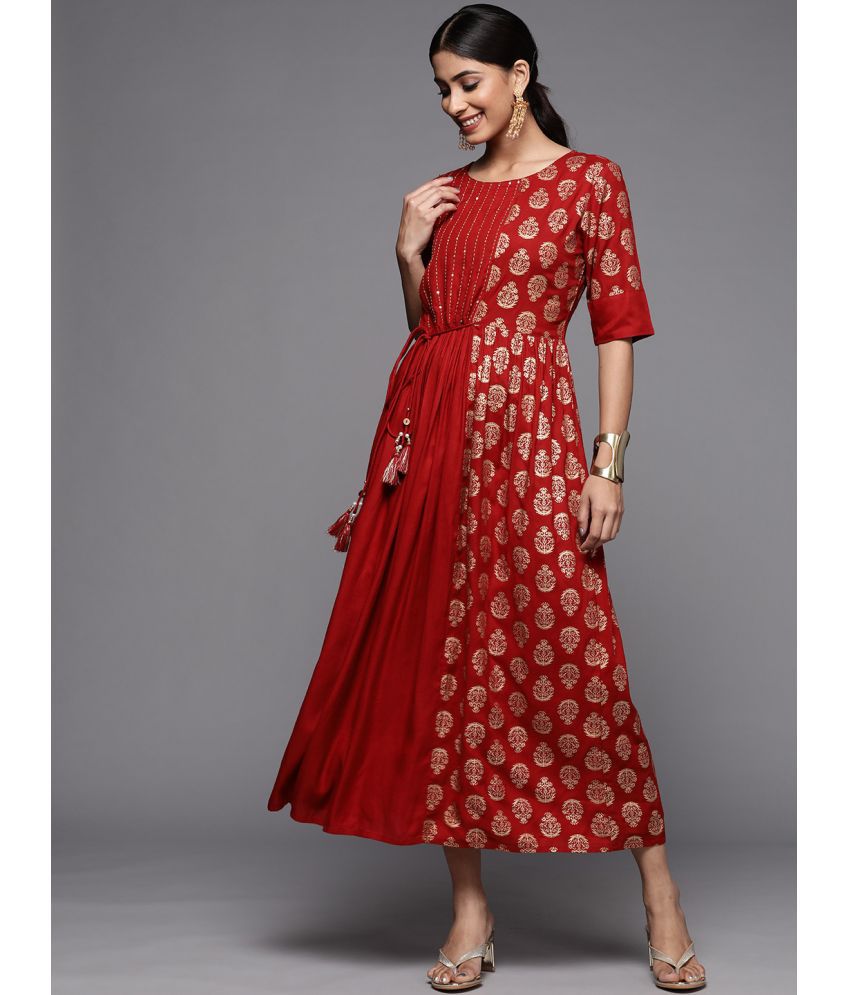     			Varanga Viscose Printed Midi Women's Fit & Flare Dress - Red ( Pack of 1 )