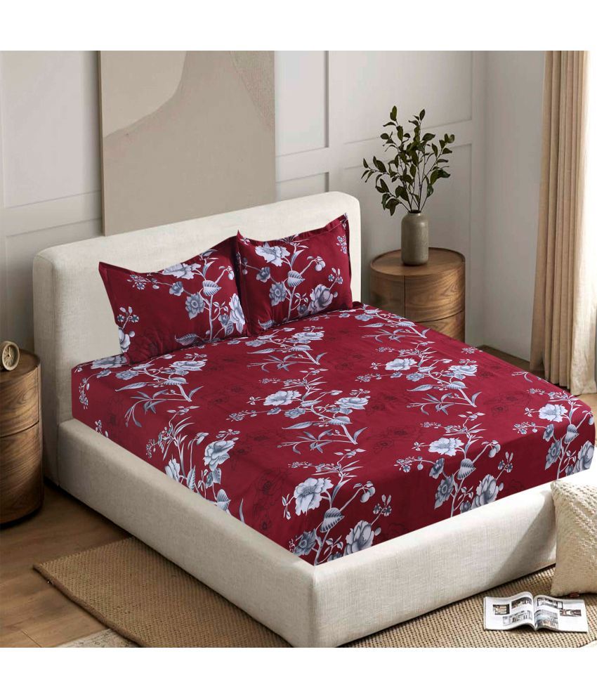     			Welhouse India Cotton Floral 1 Double Bedsheet with 2 Pillow Covers - Maroon