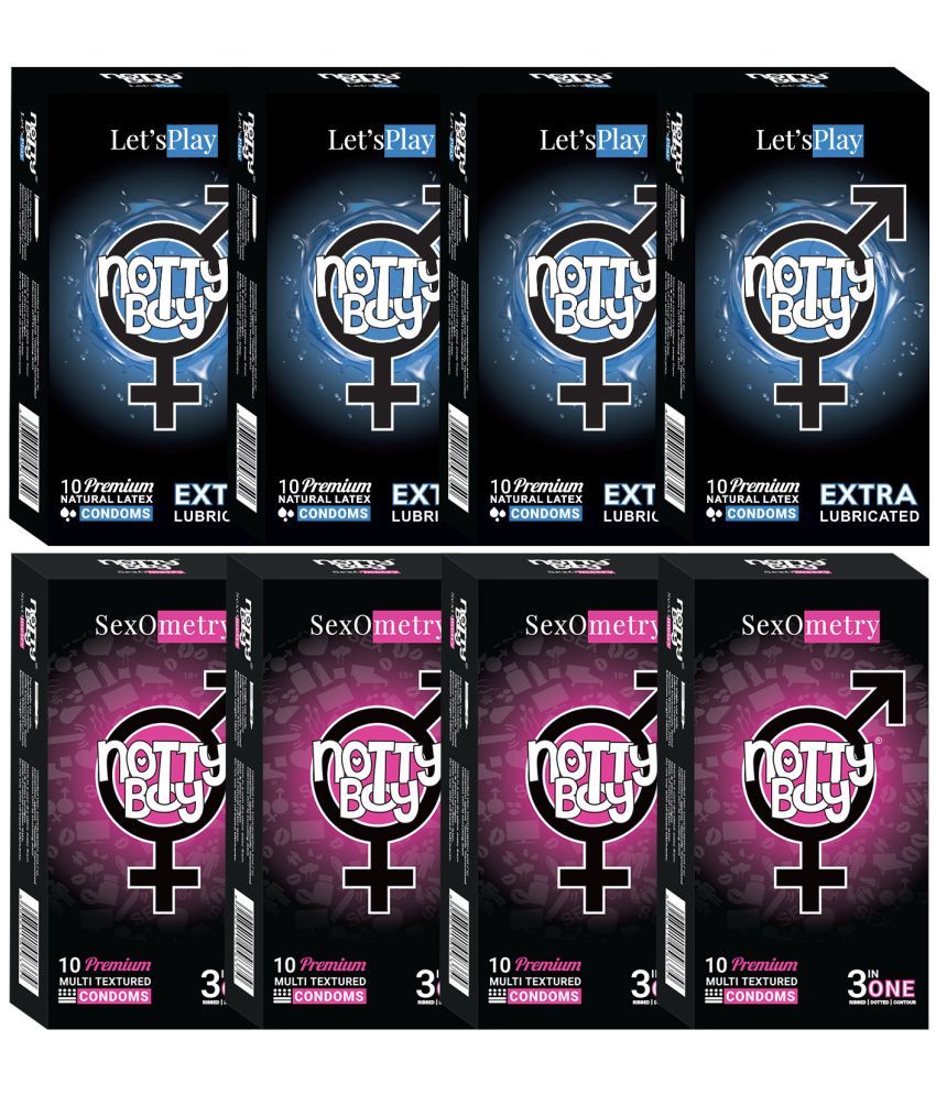     			NottyBoy Combo Pack Ribs, Dots, Contour and Extra Lubricated Condoms - Pack of 8