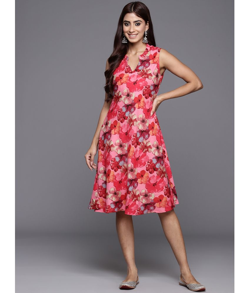     			Varanga Viscose Printed Knee Length Women's A-line Dress - Pink ( Pack of 1 )