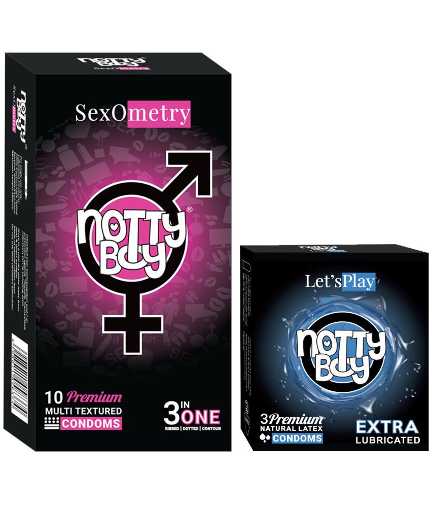     			NottyBoy 3-In-One Ribbed Dotted Contoured and Extra Lubricated Condoms - (Set of 2, 13 Pieces)