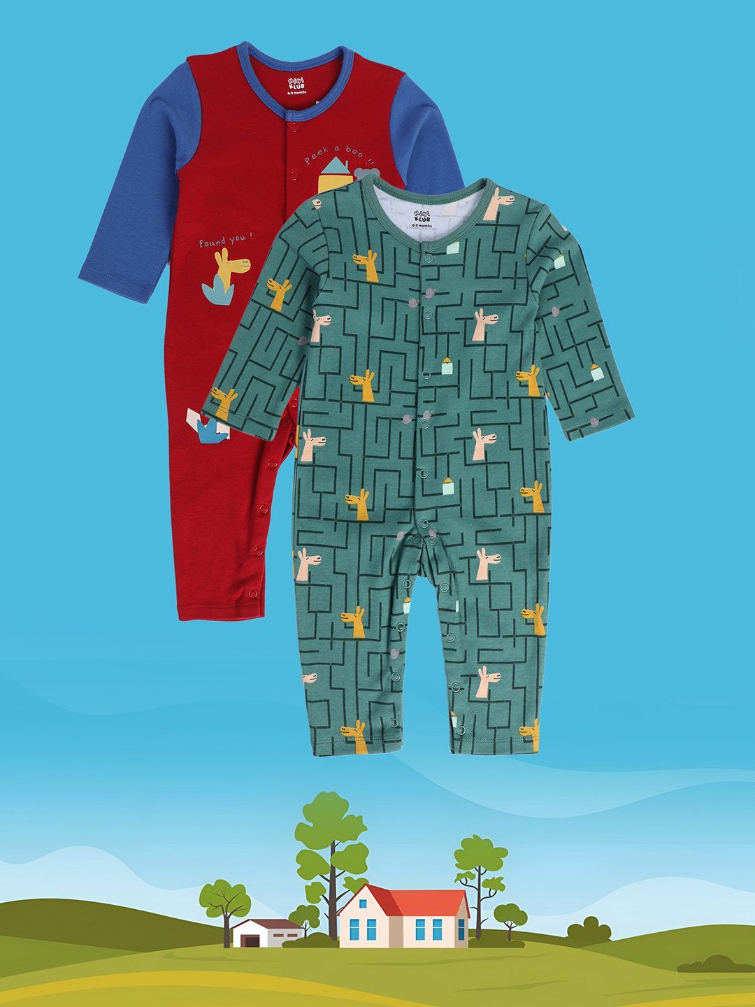     			miniklub Multicolor Cotton Rompers For Baby Boy ( Pack of 2 )