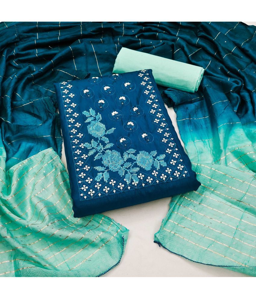     			pandadi saree Unstitched Cotton Embroidered Dress Material - Blue ( Pack of 1 )