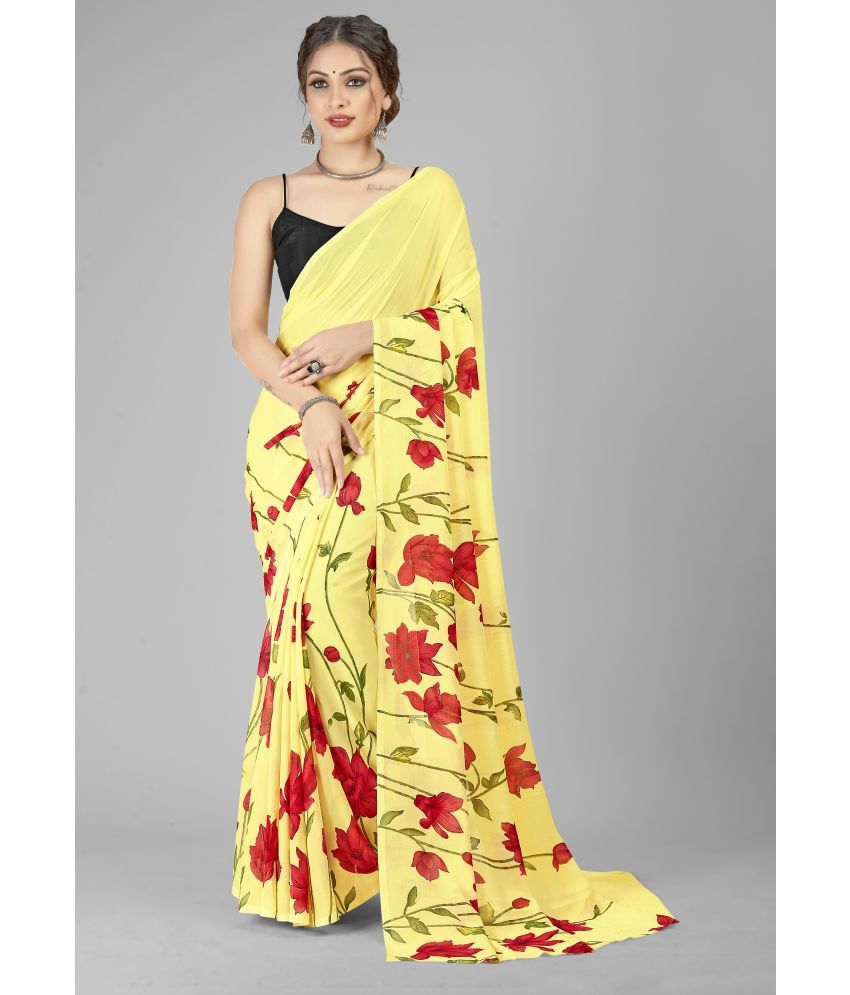     			Kashvi Sarees Georgette Printed Saree Without Blouse Piece - Yellow ( Pack of 1 )