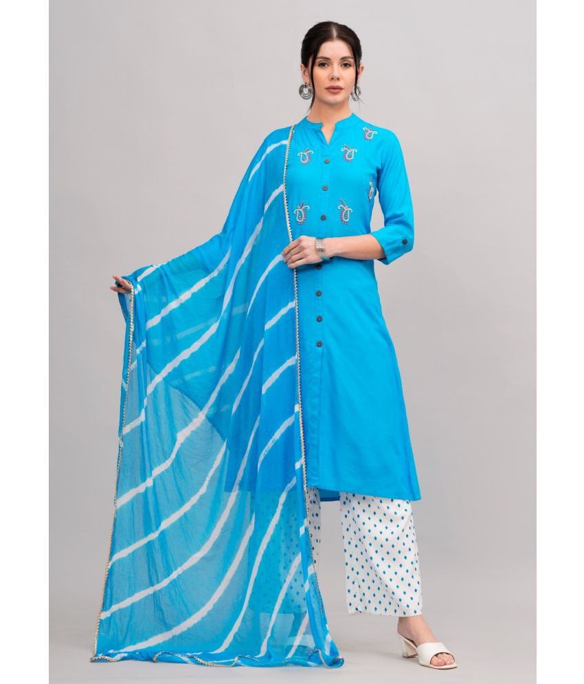     			MAUKA Rayon Embellished Kurti With Palazzo Women's Stitched Salwar Suit - Blue ( Pack of 1 )