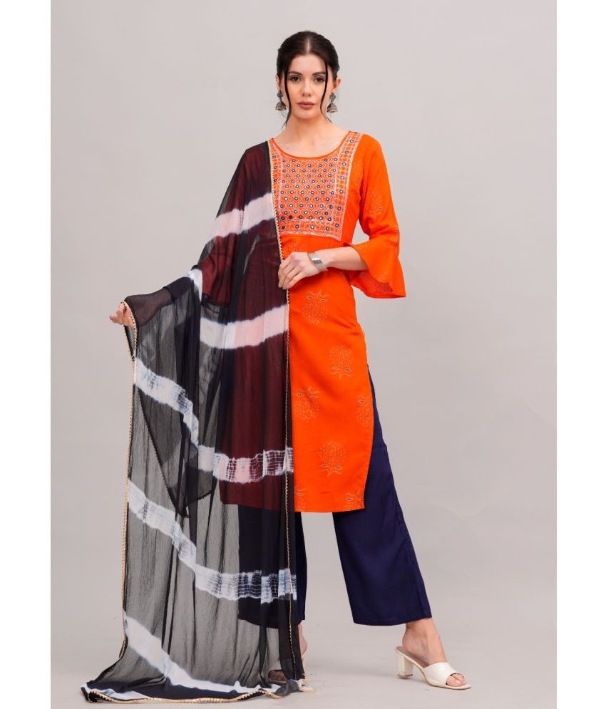     			MAUKA Rayon Embellished Kurti With Palazzo Women's Stitched Salwar Suit - Orange ( Pack of 1 )