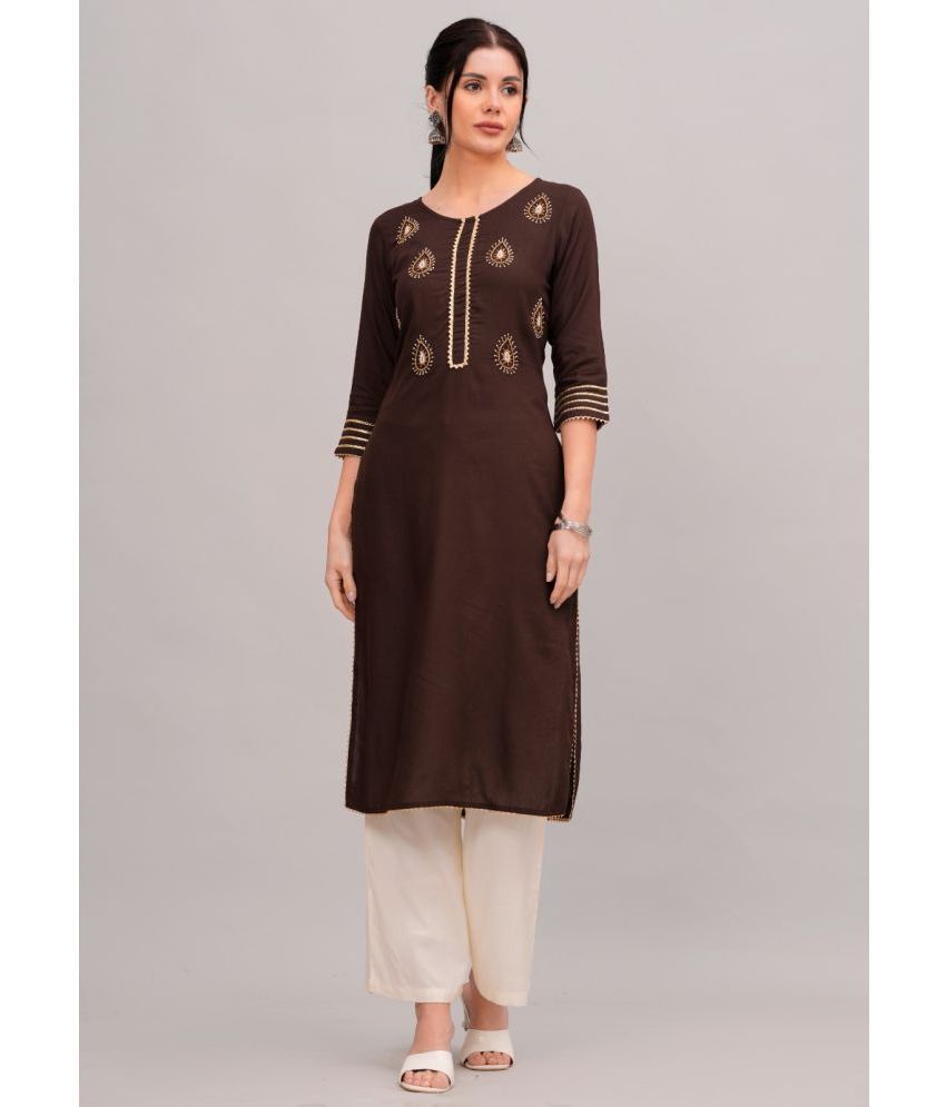     			MAUKA Rayon Embellished Kurti With Palazzo Women's Stitched Salwar Suit - Brown ( Pack of 1 )