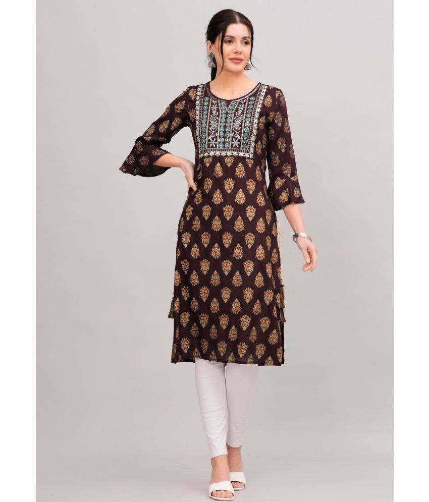     			MAUKA Rayon Embellished Straight Women's Kurti - Brown ( Pack of 1 )