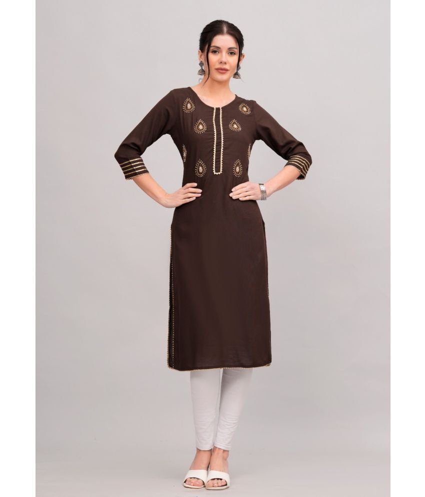     			MAUKA Rayon Embellished Straight Women's Kurti - Brown ( Pack of 1 )