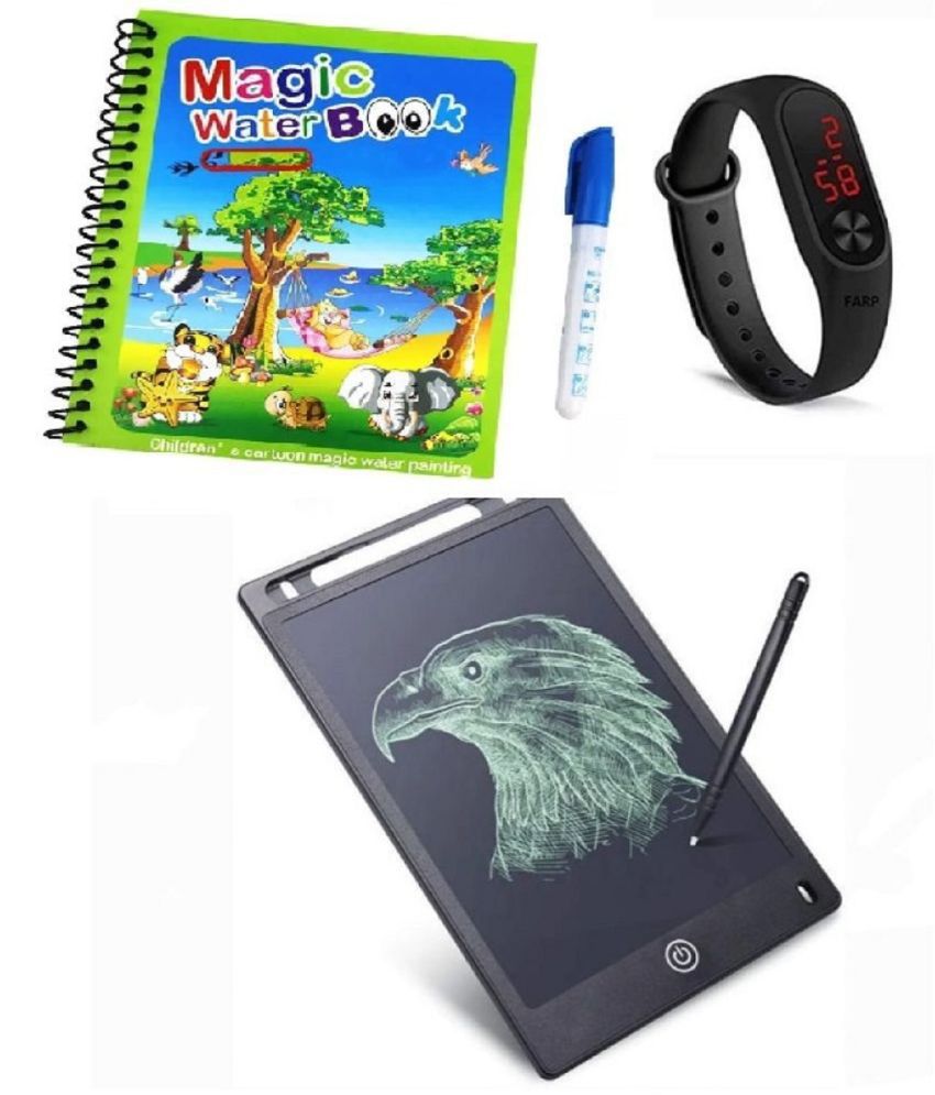     			Combo Of 3 Pack - Water Magic book & LCD Writing Tablet slate & LED Band Watch Digitel Multicolor By Vinay Book Store