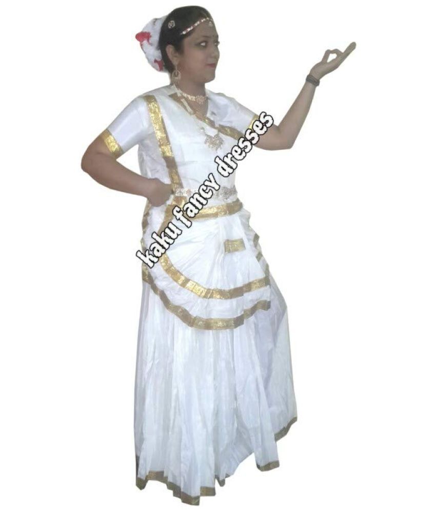     			Kaku Fancy Dresses Mohiniattam Classical Dance Costume/Indian Ethnic Dress/Dancy Costume For Kids/Classical Dance Fancy Dress - White, 5-6 Years, For Girls