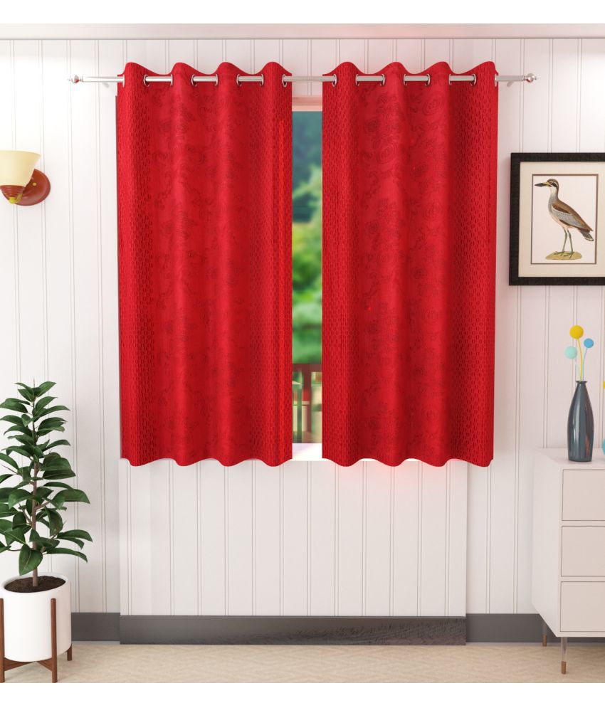     			Stella Creations Solid Room Darkening Eyelet Curtain 5 ft ( Pack of 2 ) - Red