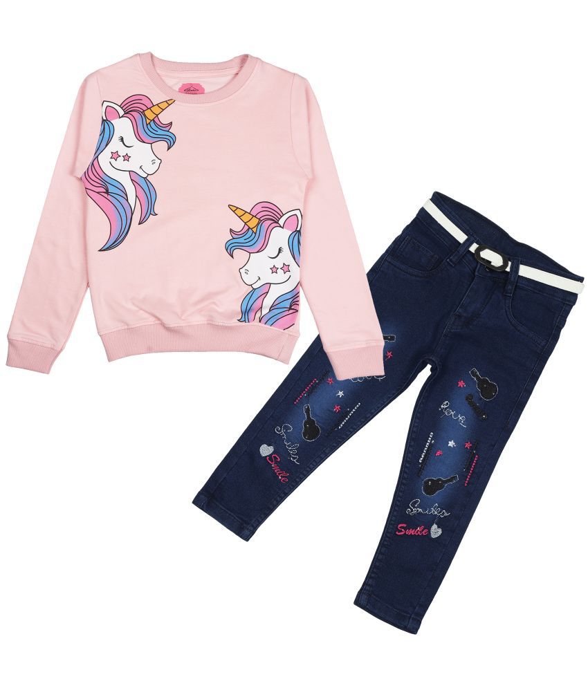     			Arshia Fashions Pink Denim Girls Sweatshirt With Jeans ( Pack of 1 )