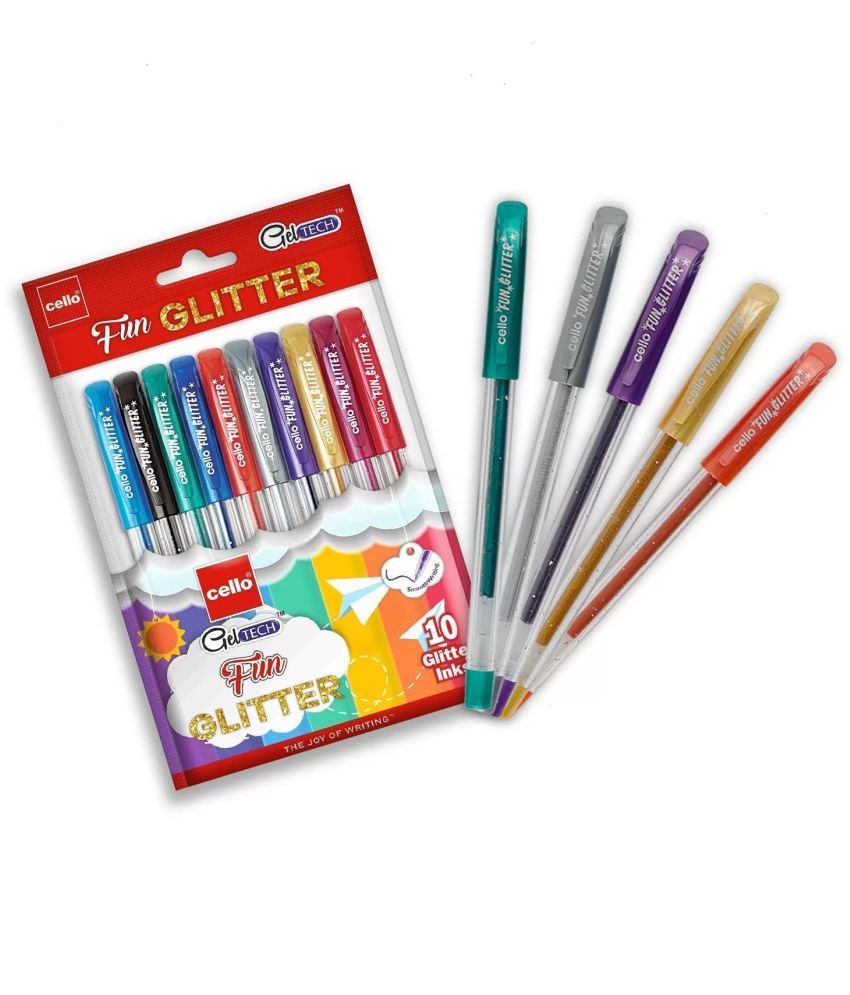     			Cello Geltech Fun Glitter 1.0 mm 50 Gel Pen - 10 Pcs x 5 Packs - Transparent Body with Sparkled and Multicolor Ink