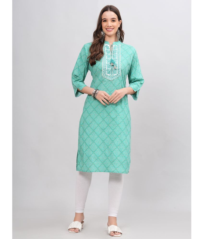     			HIGHLIGHT FASHION EXPORT Cotton Printed Straight Women's Kurti - Teal ( Pack of 1 )