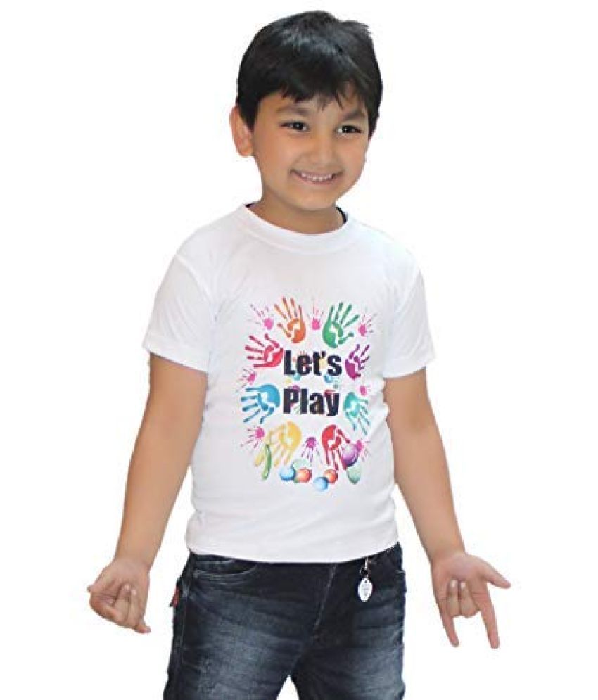     			Kaku Fancy Dresses Printed White Holi T-Shirt Costume for Boys & Girls (Let's Play_10-12 years)