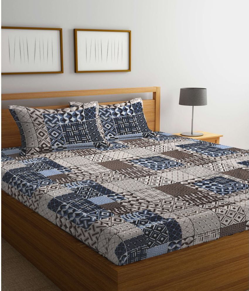     			Klotthe Poly Cotton Abstract 1 Double Bedsheet with 2 Pillow Covers - Blue