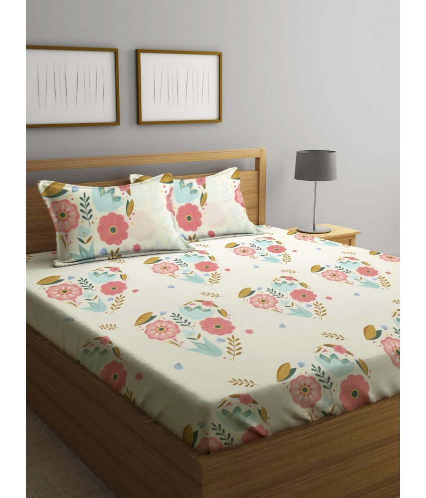     			Klotthe Poly Cotton Floral 1 Double King Size Bedsheet with 2 Pillow Covers - White