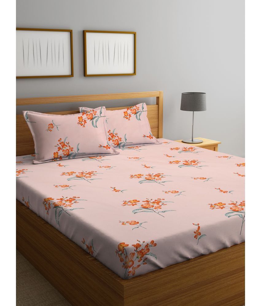     			Klotthe Poly Cotton Floral 1 Double King Size Bedsheet with 2 Pillow Covers - Peach