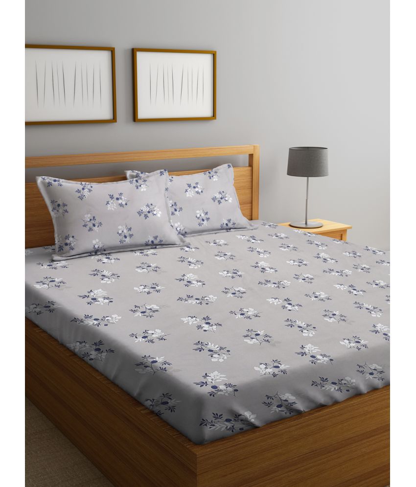     			Klotthe Poly Cotton Floral 1 Double King Size Bedsheet with 2 Pillow Covers - Gray