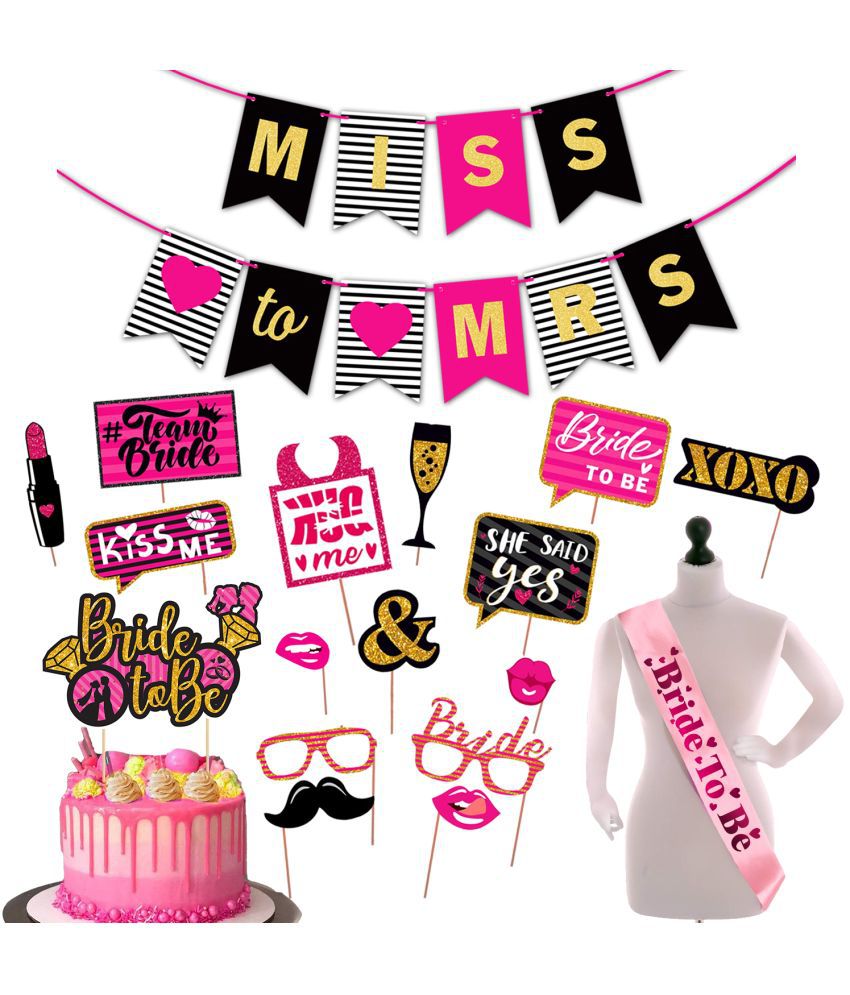     			Zyozi Bachelorette Party Decorations | Bridal Shower Decor & Bachelorette Decorations Kit Supplies - Miss To Mrs Banner, Photo Booth Props with Cake Topper and Sash (Pack Of 18)