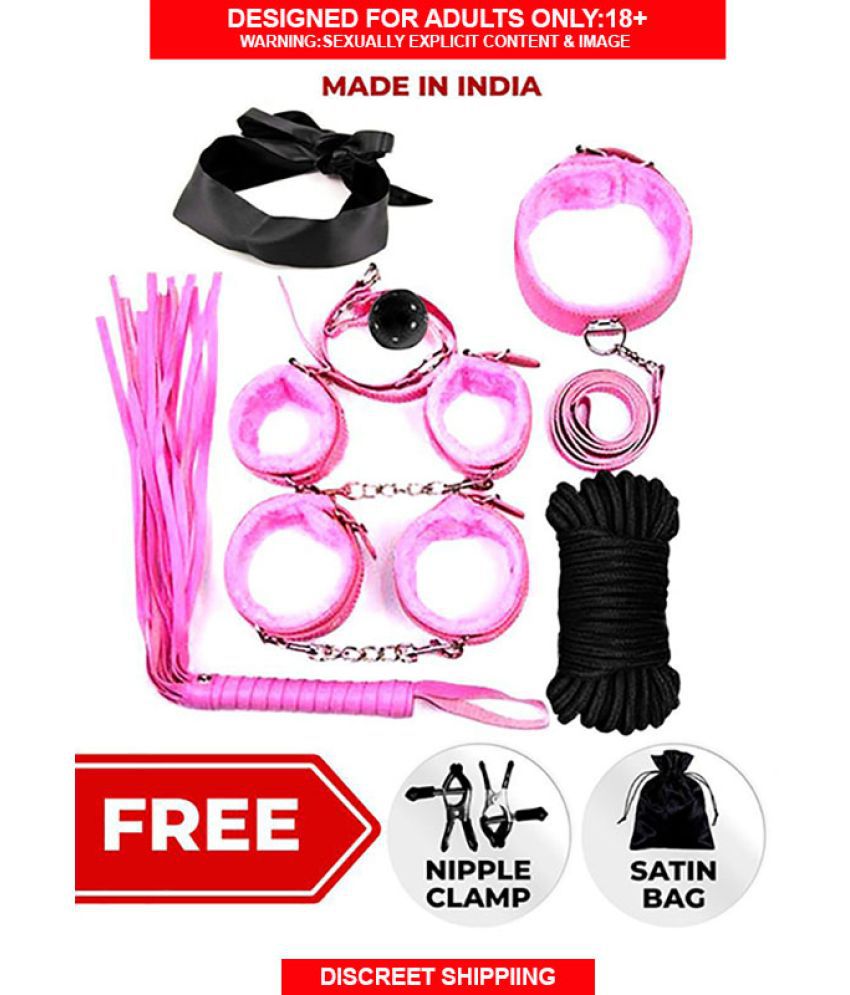     			Kamuk Life sex toy Pink Leather BDSM Bondage Kit for Adult party dildo fun, honeymoon couples, SM Domination, sexy fun Adult vibrator gifting includes Handcuffs nipple clamps flogger blindfold mouth gag ankle cuff neck collar  total-8 pcs