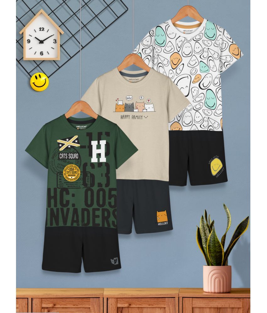     			HELLCAT Olive Cotton Blend Boys T-Shirt & Shorts ( Pack of 3 )