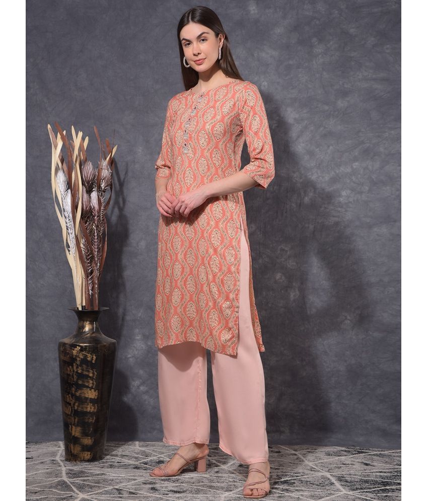     			Mamoose Cotton Blend Self Design Straight Women's Kurti - Peach ( Pack of 1 )