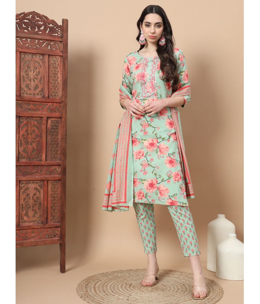     			Yufta Cotton Embroidered Kurti With Pants Women's Stitched Salwar Suit - Sea Green ( Pack of 1 )